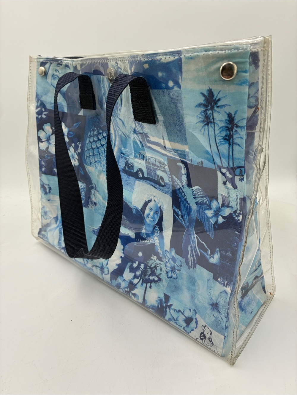Blue Tropical Print Clear Tote Bag
